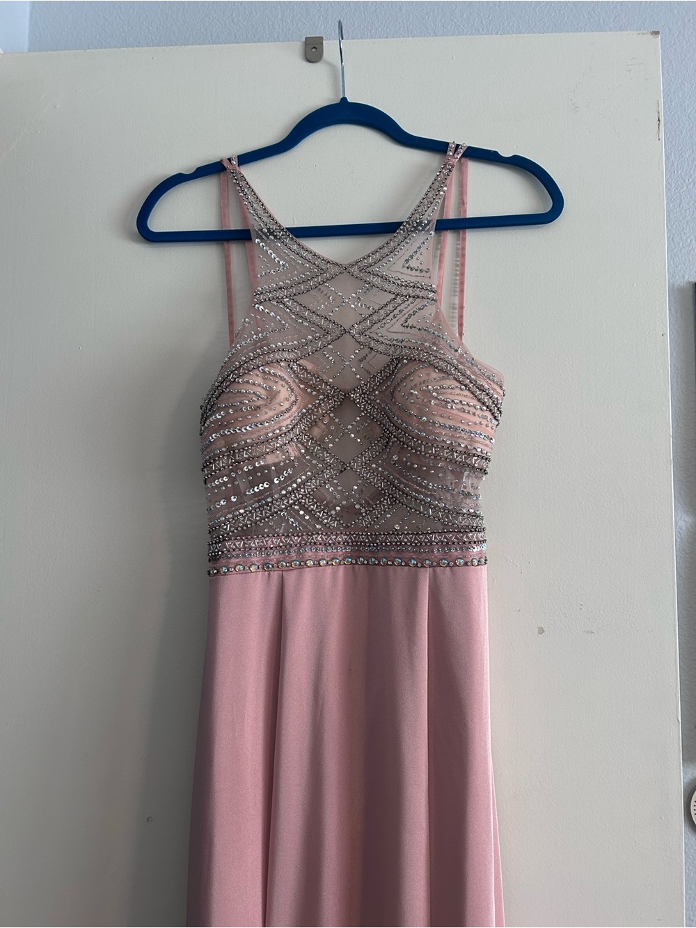 Sleeveless Blush-Pink Beaded formal Dress with Sheer Embellished Bodice